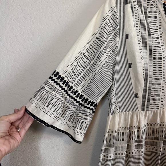 F & F Black Cream Cotton Poplin Bell Sleeve Tiered Split Neck Prairie Boho Dress - Picture 4 of 11